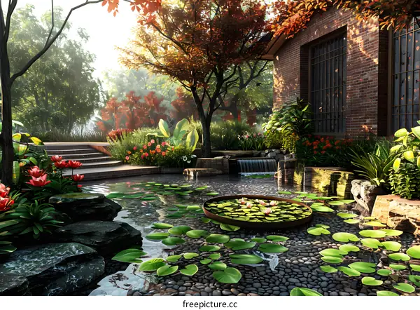 A red brick house with a beautiful courtyard