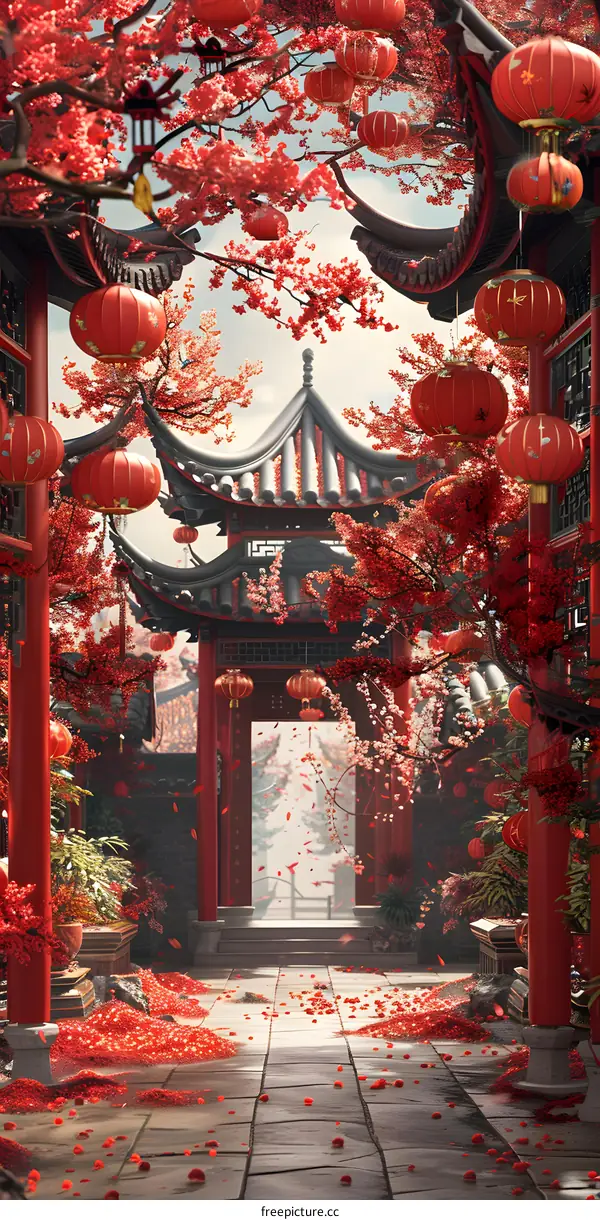 Chinese courtyard with red lanterns and pink cherry blossoms