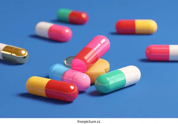 Colorful Medical Capsules on a Blue Background