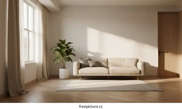 Bright and airy living room with a sofa and a plant by the window