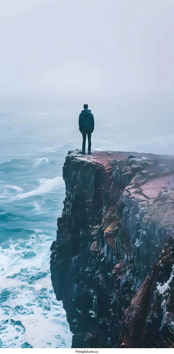 Man Standing On Cliff Edge Overlooking Ocean