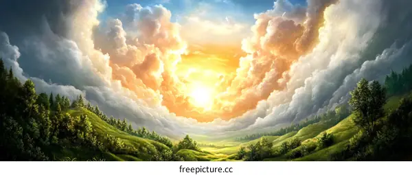 Sunlight Shining Through the Clouds Over Green Hills