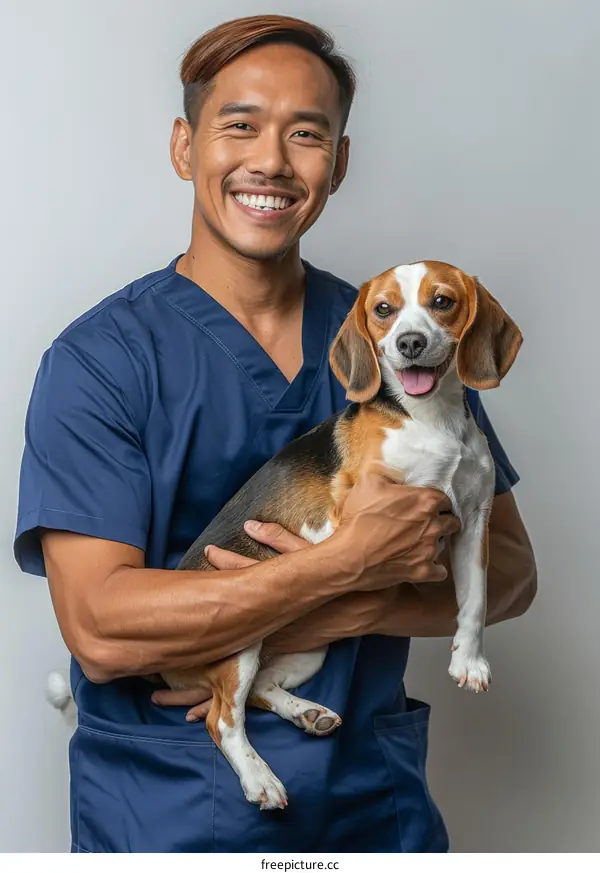 Portrait of a happy veterinarian holding a beagle