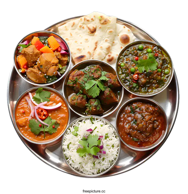 [Transparent Background PNG]A delicious and healthy Indian meal with rice, naan, and a variety of curries.
