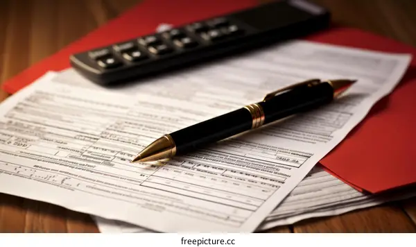 Black pen and calculator on pile of documents