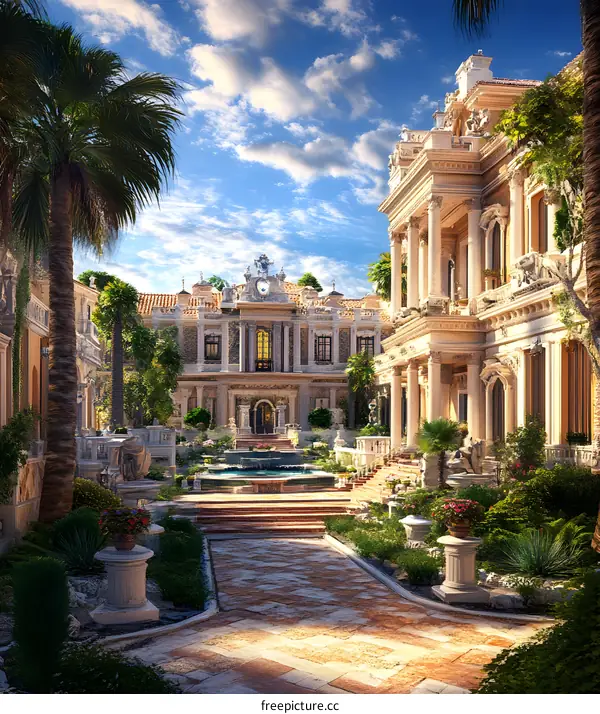 Beautiful Palace Courtyard with Fountain and Greenery