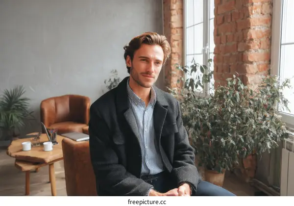 Caucasian Man Sitting in a Modern Office