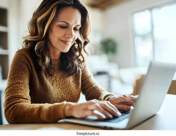 Smiling Woman Working on Laptop At Home