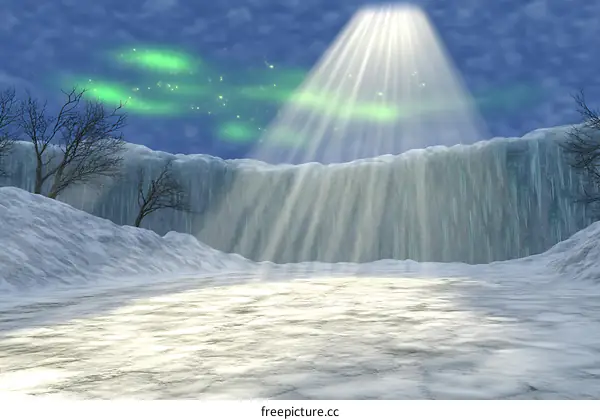 Fantasy Winter Landscape with Waterfall and Aurora Borealis