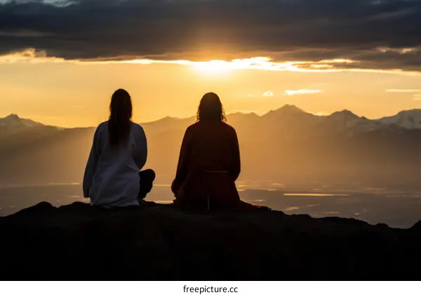 Two People Meditating on a Mountaintop at Sunset