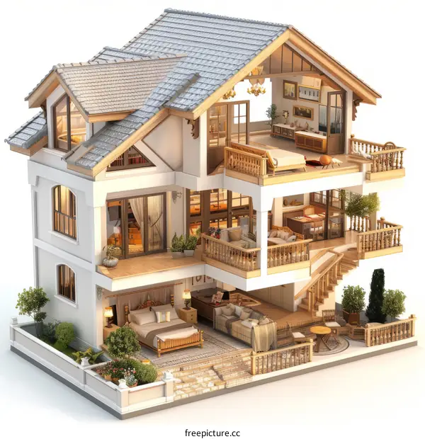 Two-Story House with Modern Interior 3D Rendering