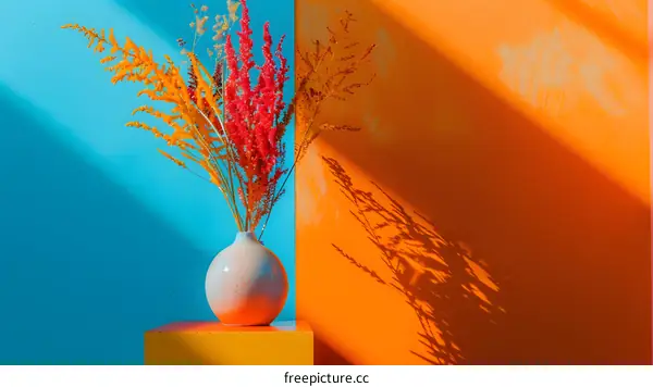 Dried Flowers in White Vase Against Colorful Background