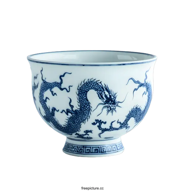 [Transparent Background PNG]Blue and White Porcelain Bowl with Dragon Design