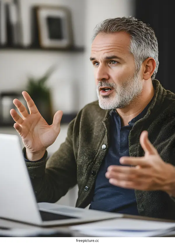 Mature Caucasian Man Talking on Laptop Video Call
