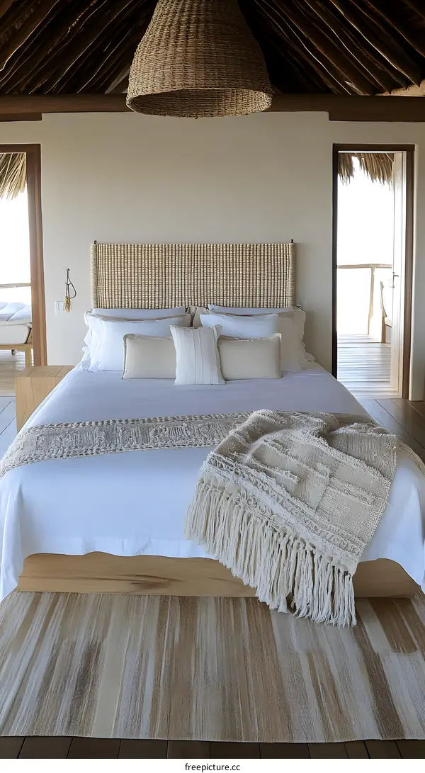 Modern White Bed with Woven Headboard in a Tropical Interior
