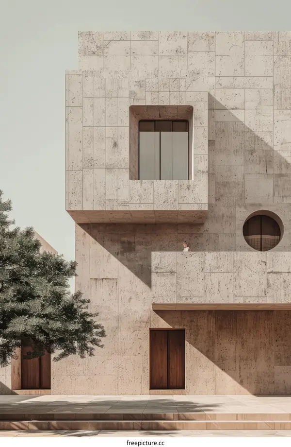 Contemporary Minimalist Architecture with Person on Balcony