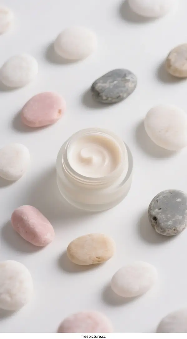 White Cream Jar Surrounded by Colorful Pebbles on White Background