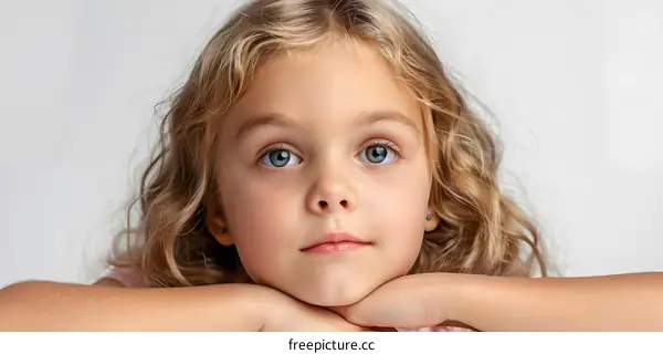 Portrait of a cute little girl with curly blond hair and blue eyes