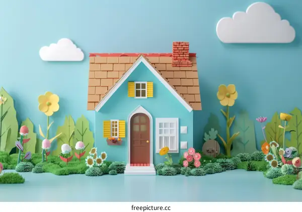 A cute cartoon house in a field of flowers