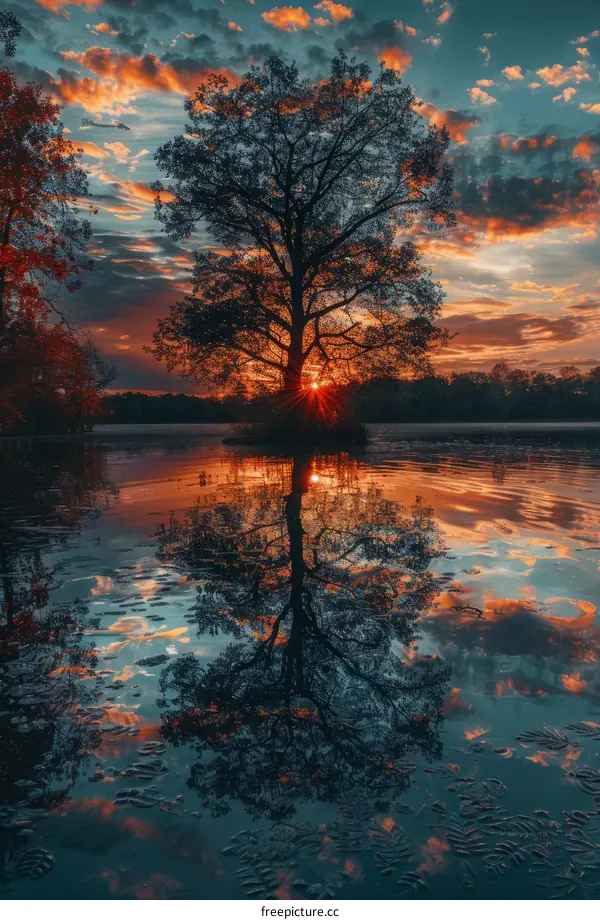 Solitary Tree Reflecting in a Calm Lake at Sunset