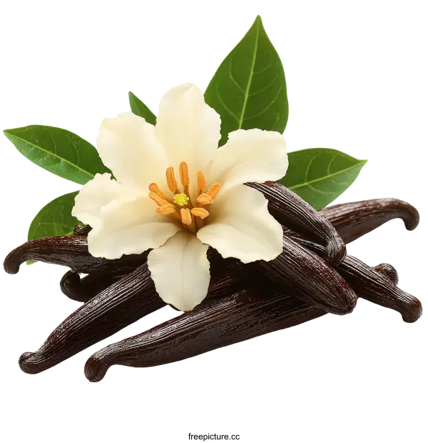 [Transparent Background PNG]Vanilla Pods and Flower Close-up