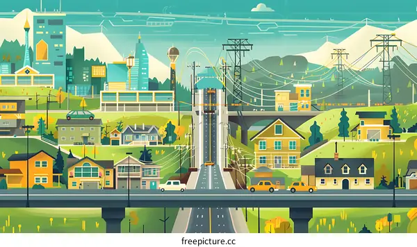 Cityscape Illustration with Power Lines and Mountains