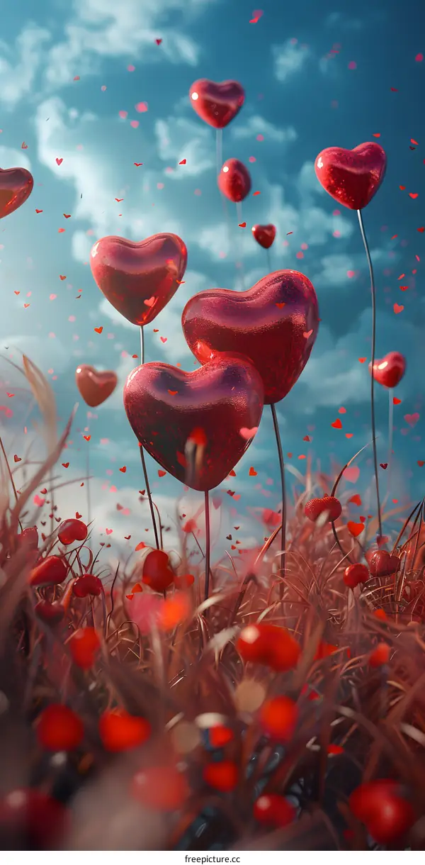 Red heart balloons are flying in the field