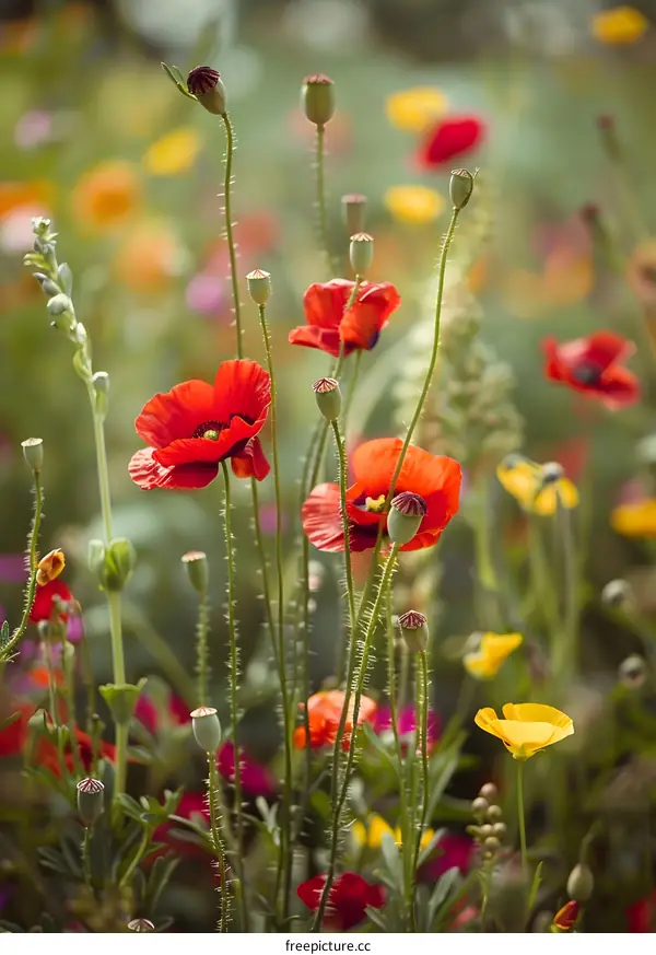 Red Poppy Flowers Blooming in a Field