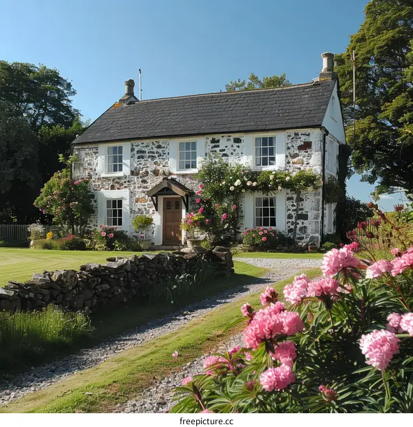 Charming Stone Cottage with Bright Pink Roses