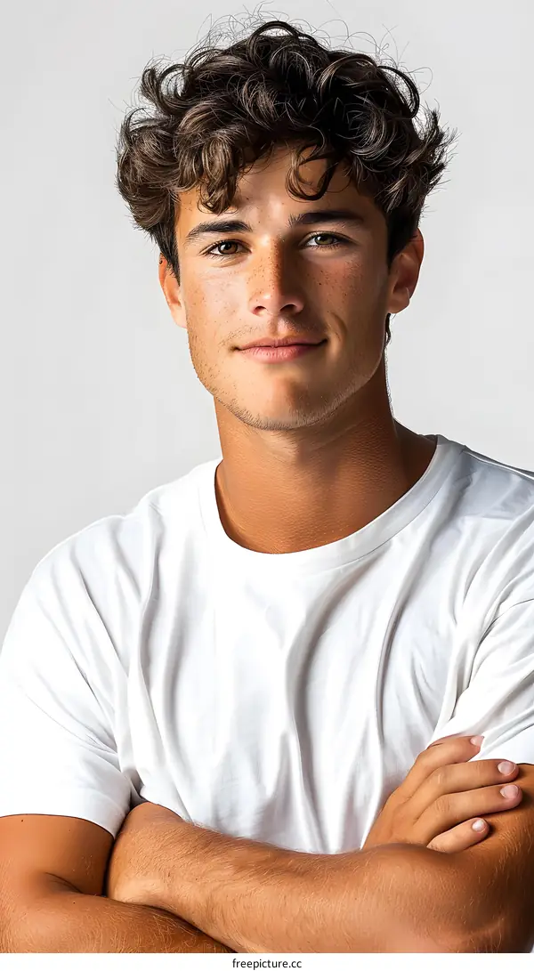 Portrait of a Young Man with Curly Hair and a White T-Shirt