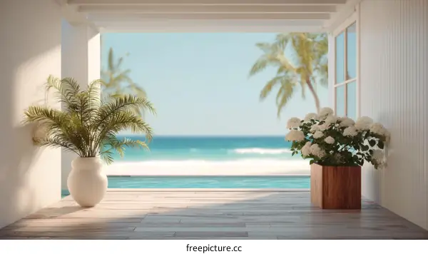 Tropical Beachfront Patio Scene Illustration
