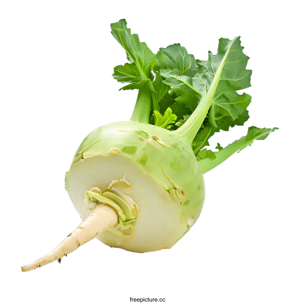 [Transparent Background PNG]Fresh Green Kohlrabi with Leaves Isolated on White Background