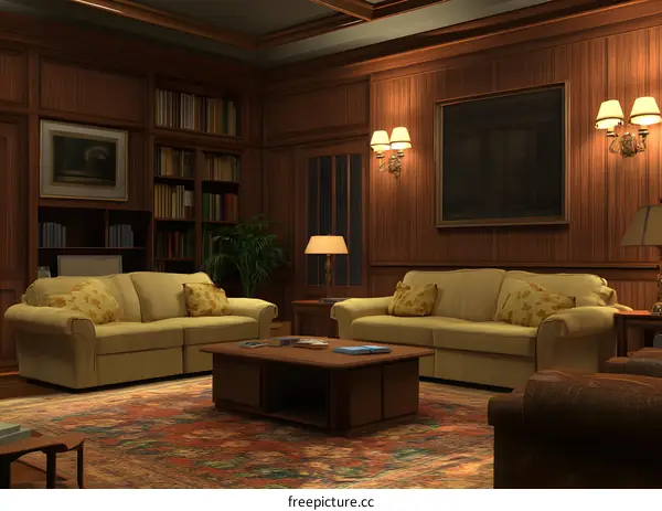 Elegant Living Room Interior Design with Wooden Paneling, Sofas, and Bookcase