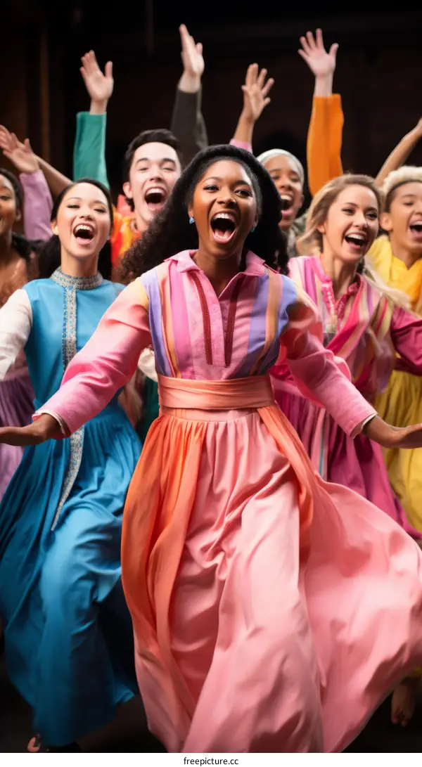 A group of people of various ethnicities are singing and dancing in a colorful array of clothing.