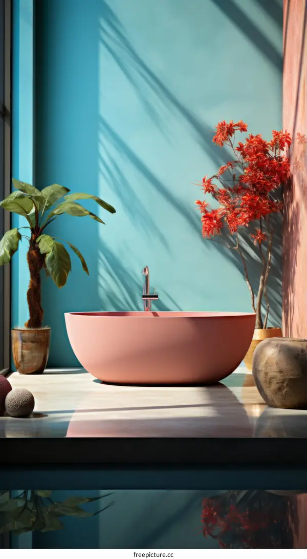 A pink bathtub sits in front of a blue wall with a small tree to the right and a potted palm tree to the left
