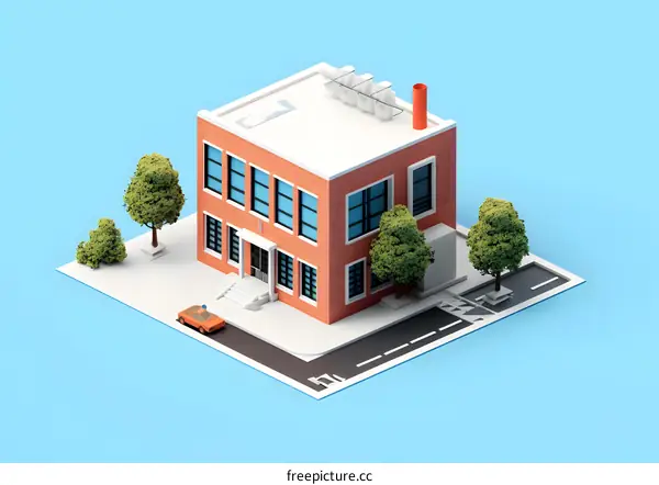 Low Poly Isometric Building Model with Trees and Car