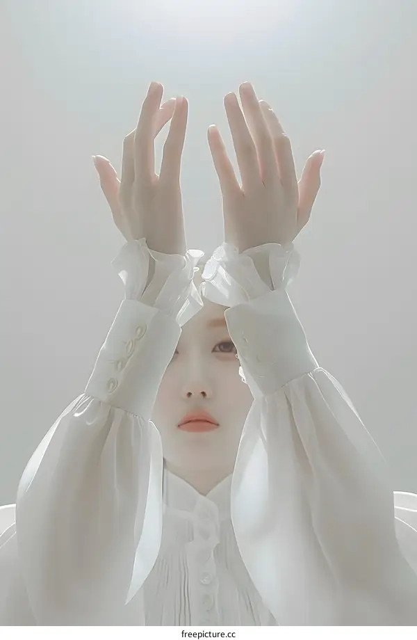 Woman in White Blouse with Hands Raised