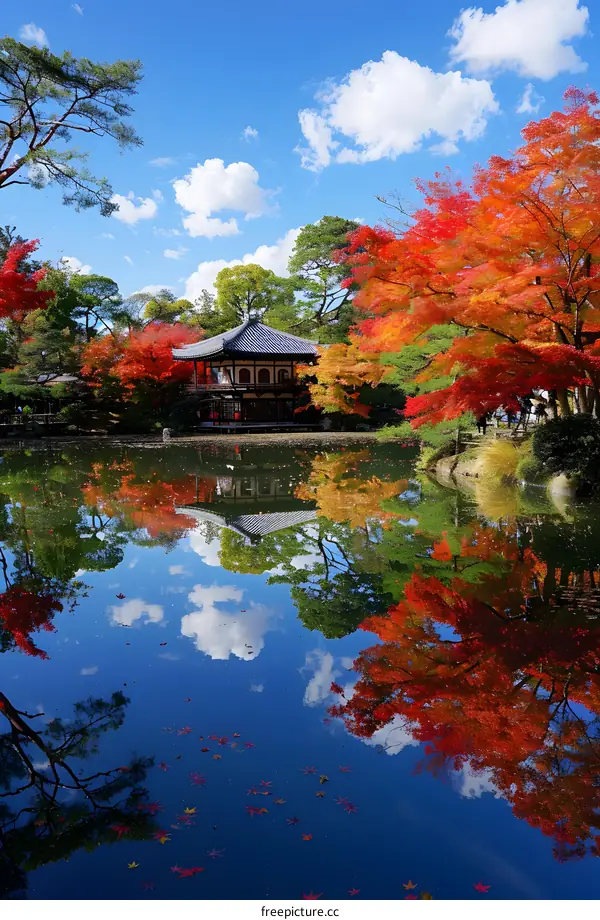Red and yellow leaves of maple trees in a pond in a Japanese garden
