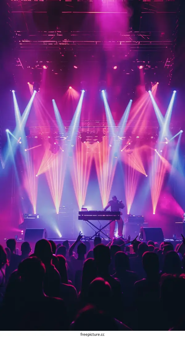 Purple and pink lights at a concert with a crowd of people
