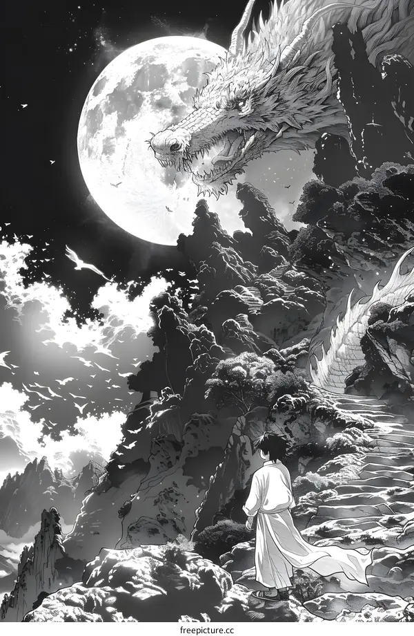 Boy looking up at a dragon flying in the sky