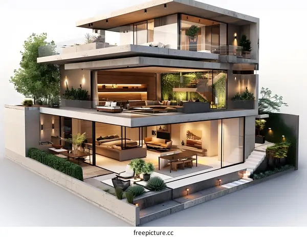 Modern House Interior Design with Cross Section View