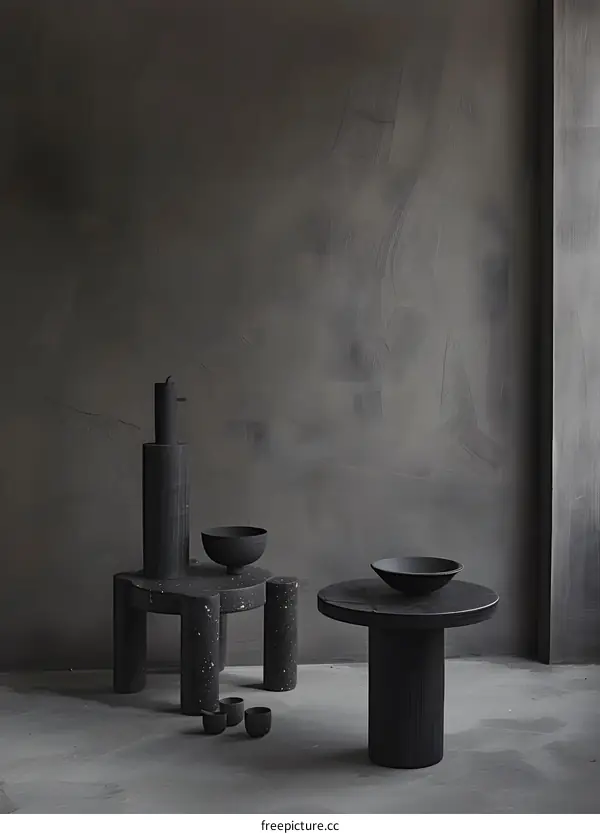 Black and White Still Life with Ceramic Bowls and Tables