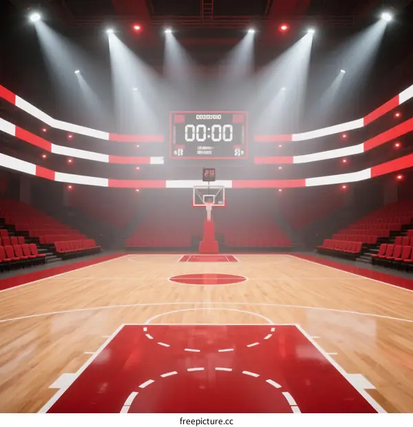 Basketball Court Arena with Red and White Decor and Spotlights