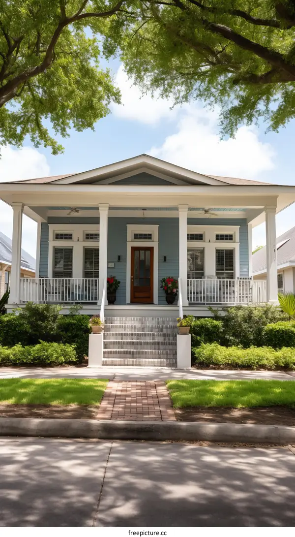 Small Blue House with White Porch and Brick Walkway