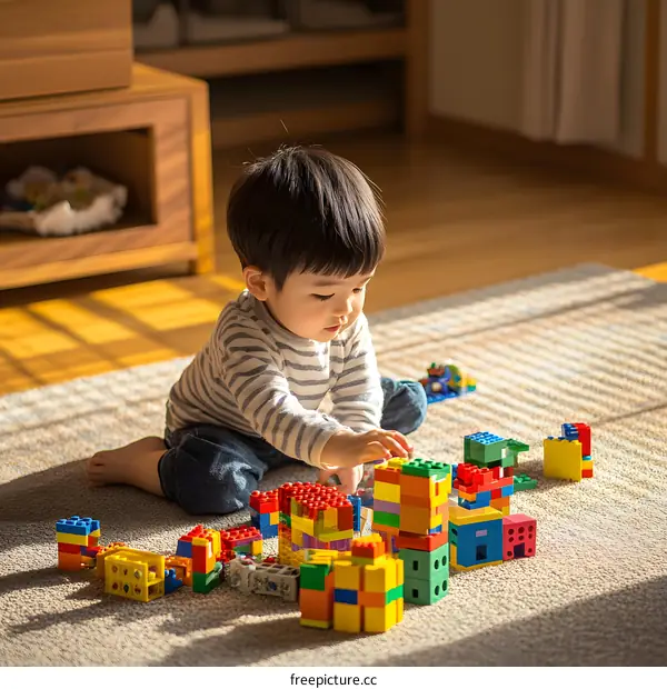 Asian Toddler Boy Playing With Building Blocks on The Carpet In A Living Room