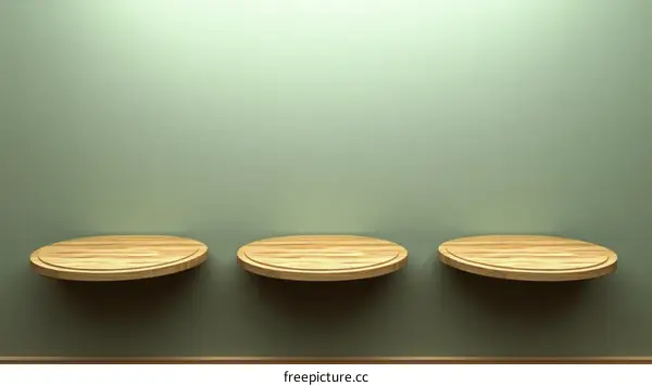 Empty Wooden Shelves Against a Sage Green Wall