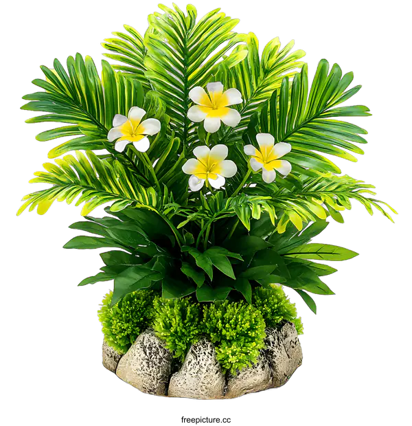 [Transparent Background PNG]Artificial Tropical Plant Arrangement With White Flowers In A Stone Pot