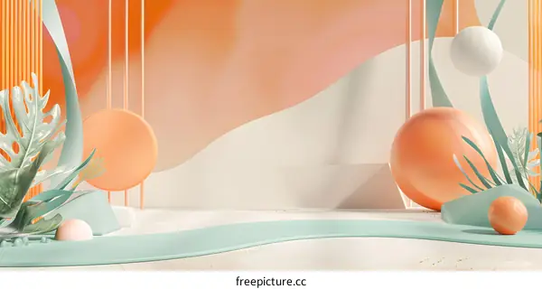 Abstract Minimalist Background with 3D Geometric Shapes and Tropical Plants