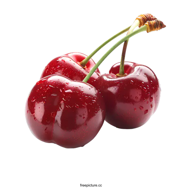 [Transparent Background PNG]Three Ripe Cherries on White Background