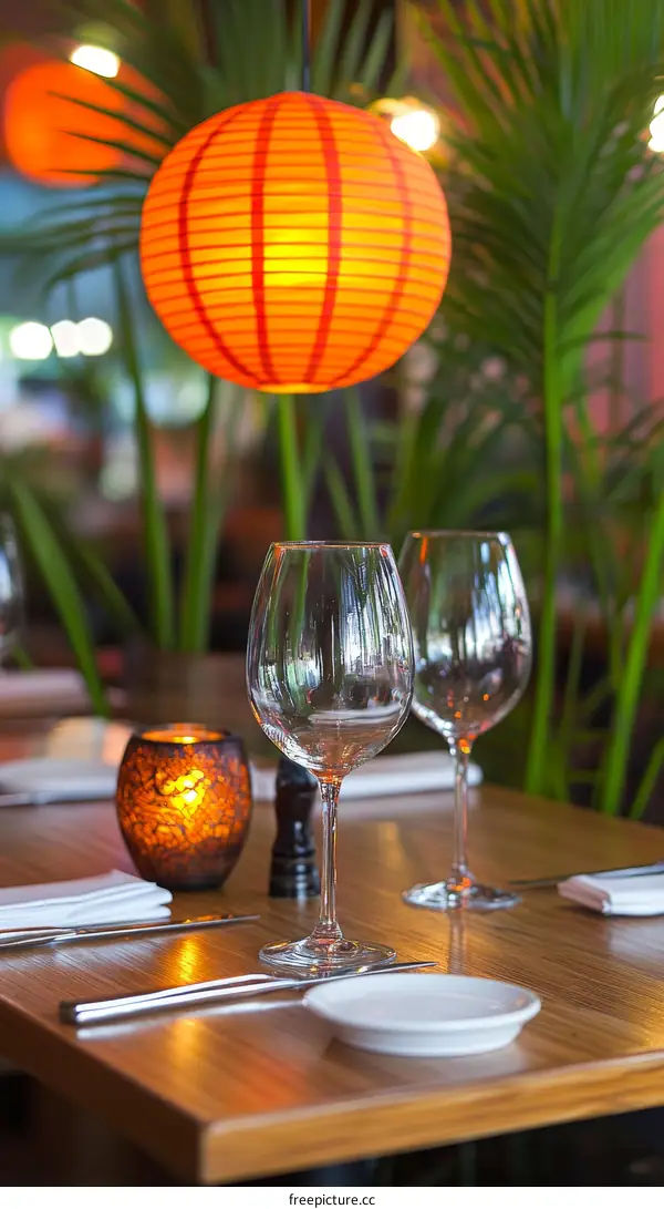 Restaurant Table Setting with Orange Paper Lantern